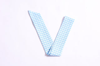Light blue gingham twillie ribbon scarf for hair or bag accessory.