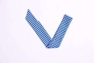 Blue gingham twillie ribbon scarf for hair or bag accessory.