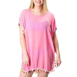 Pink Mesh Cover Up with multi color pom poms