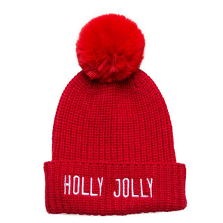 Red knit beanie hat with coordinating faux fur pom pom with embroidered white HOLLY JOLLY