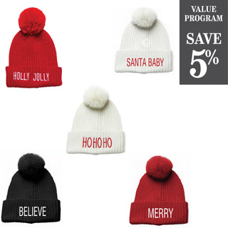 Beanie hats with faux fur pom pom - Believe, Santa Baby, Hohoho, Holly Jolly and Merry