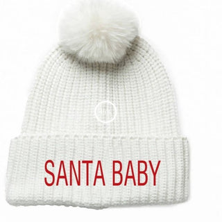 White knit beanie hat with coordinating faux fur pom pom with embroidered red SANTA BABY