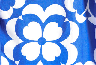 Blue Geometric swatch for twillie – Spring 2026 fabric twillie with bold blue and white geometric & floral pattern
