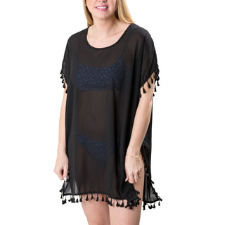 Black mesh coverup with tassel trim