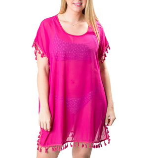 Hot Pink mesh coverup with tassel trim