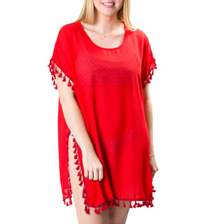 Red mesh coverup with tassel trim