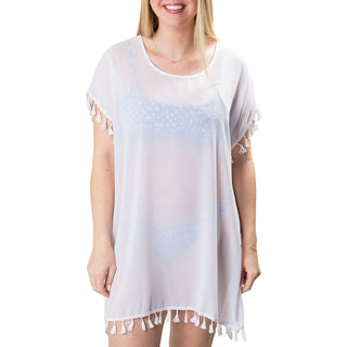 white mesh coverup with tassel trim