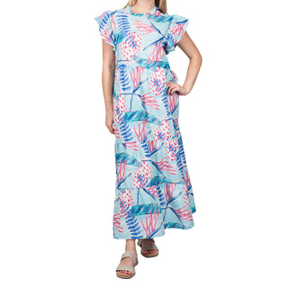 Tiered, maxi flutter sleeve dress with black and pink watercolor