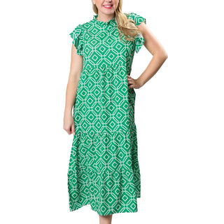 Green and White Octagon print multi-tiered dress with back button, ruffle neck and ruffle short sleeve