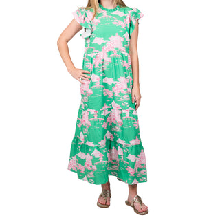Tiered, maxi flutter sleeve dress with green and pink dallis