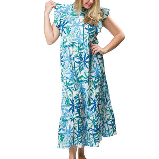Green and Blue Palm Trees print multi-tiered dress with back button, ruffle neck and ruffle short sleeve