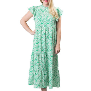 Green Damask print multi-tiered dress with back button, ruffle neck and ruffle short sleeve