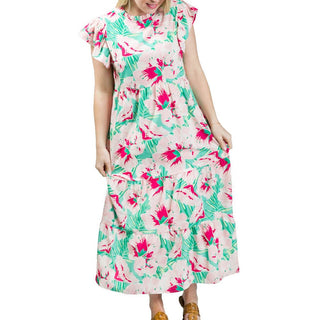 Hibiscus Front print multi-tiered dress with back button, ruffle neck and ruffle short sleeve