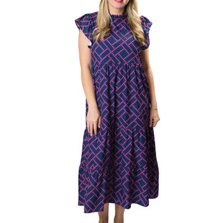 Tiered Dress in Navy and Pink Diamond
