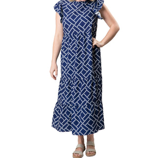 Tiered, maxi flutter sleeve dress with blue and white geometric detailing