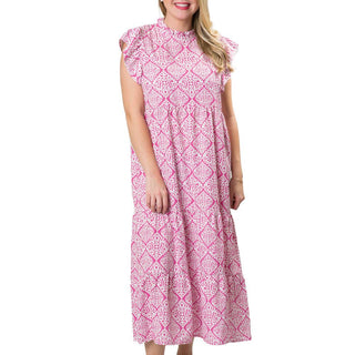 Pink Damask print multi-tiered dress with back button, ruffle neck and ruffle short sleeve
