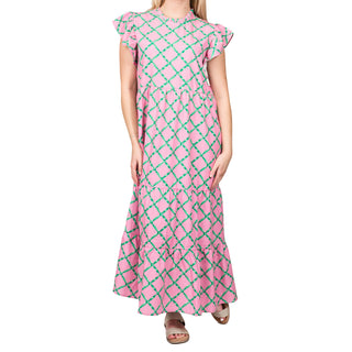 Tiered, maxi flutter sleeve dress with pink and green