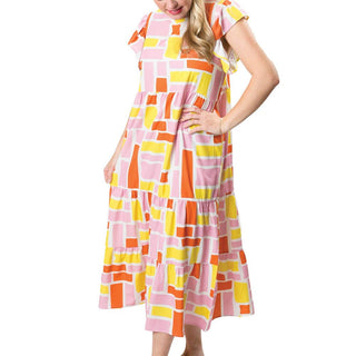 Pink Orange and Yellow Blocks print multi-tiered dress with back button, ruffle neck and ruffle short sleeve
