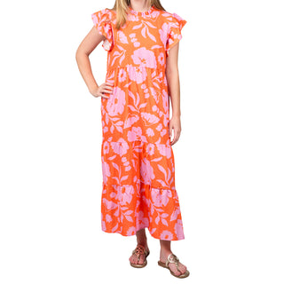 Tiered, maxi flutter sleeve dress with pink and orange and floral