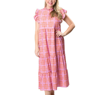 Tiered Dress in Pink and Orange Greek Key