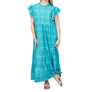 Tiered, maxi flutter sleeve dress with turquoise and greek key