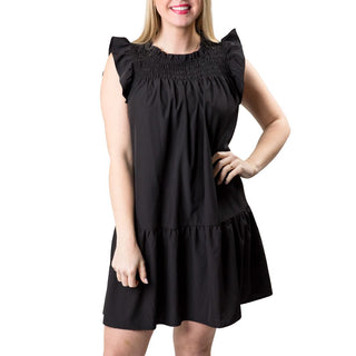 Smocked, tiered dress in Black