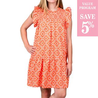 orange link patterned dress sold in size assortment