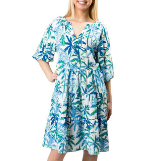 Green and blue palm trees short sleeve tiered dress