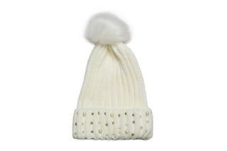 Pearl Detail Beanie Hat with Pom Pom