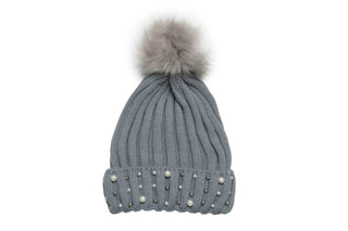 Pearl Detail Beanie Hat with Pom Pom