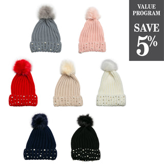 Beanie hats with pom pom and pearl detail
