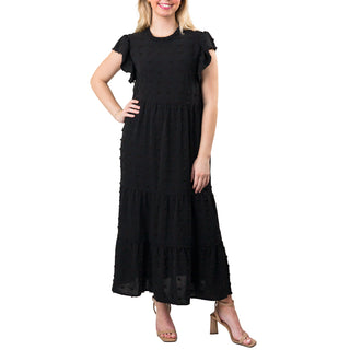 black Clip Dot Flutter Sleeve Midi Dress