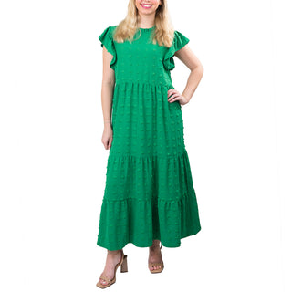 green Clip Dot Flutter Sleeve Midi Dress