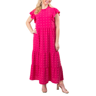 hot pink Clip Dot Flutter Sleeve Midi Dress