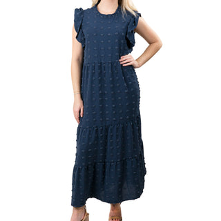 navy blue Clip Dot Flutter Sleeve Midi Dress