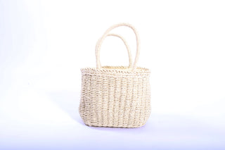 Lani Half Circle Rafia Bag in cream raffia with drawstring closure, half-moon silhouette.
