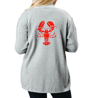 gray long sleeve cardigan with knit red lobster, back view
