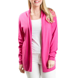 hot pink long sleeve cardigan with white heart, front view