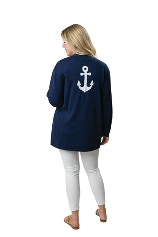 navy long sleeve cardigan with white anchor, back view