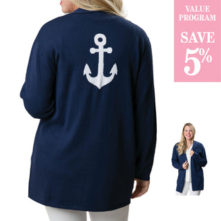 Navy Long Sleeve Cardigan with White Anchor Icon Back