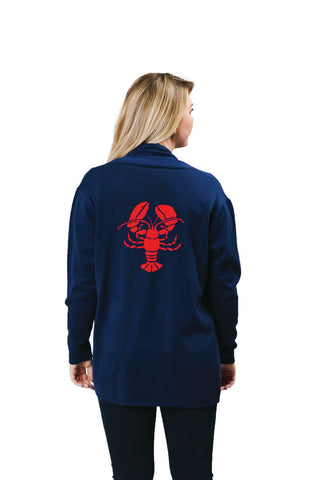 navy long sleeve with knit red lobster, back view