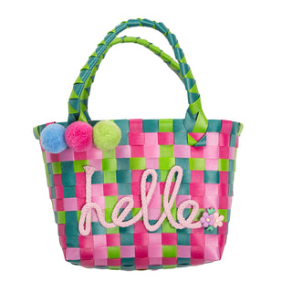 Green, teal, light pink and hot pink checkerboard woven bag says "hello" in cursive. 