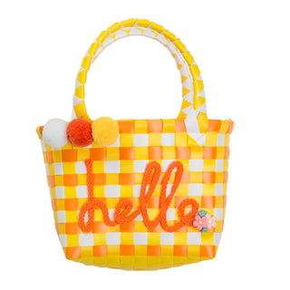 yellow white and orange woven checkered bag that says "hello" in cursive 