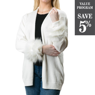 White cardigan sweater with faux fur cuffs