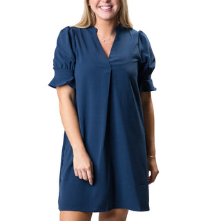 v-neck navy dress