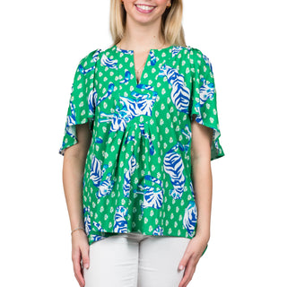 v-neck t-shirt with blue and green tigers