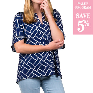 navy and white diamond patterned top sold in size assortment