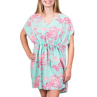 v neck beach coverup with turquoise pink and garden