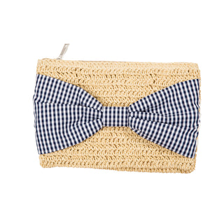 Straw bag with Navy Gingham Bow