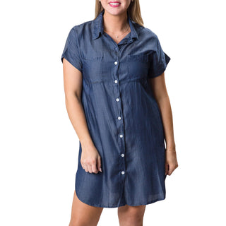 Women's Short Sleeve Denim Shirt Midi Dress Button Down Tunic Jean Dress with Pockets